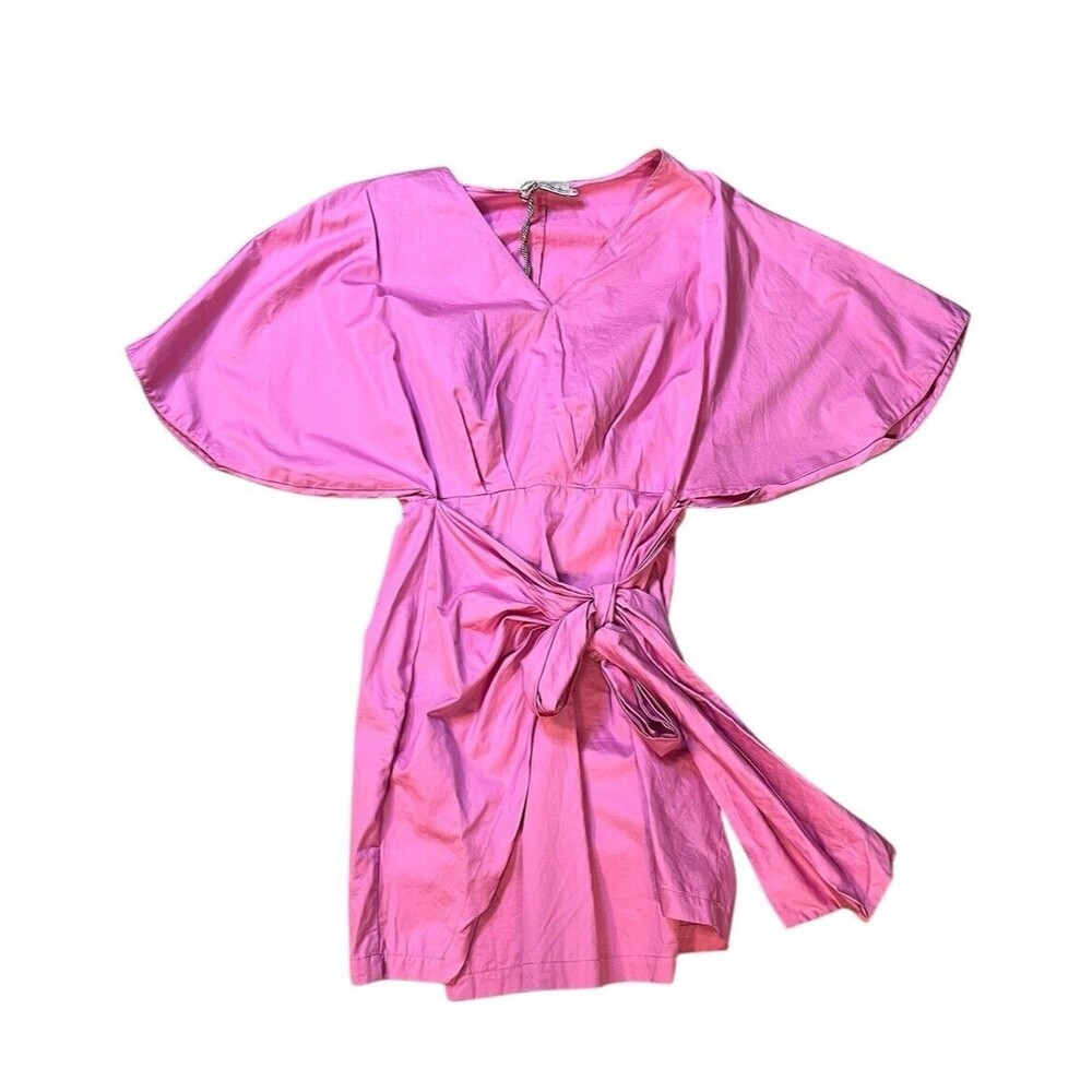Devotion Twins Hiliadou Dress Womens XS Pink New V-Neck Wrap Tie Mini Flutter